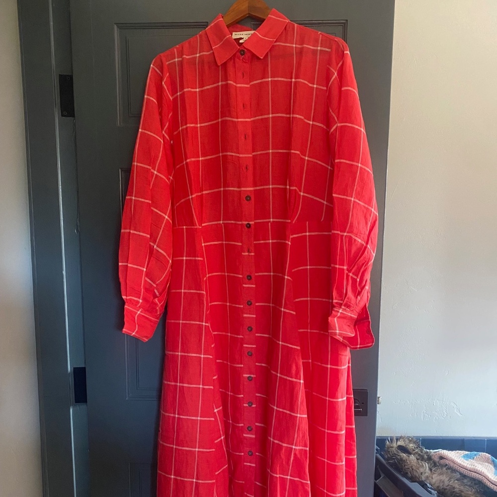 Mara Hoffman red windowpane button down dress Siz… - image 1